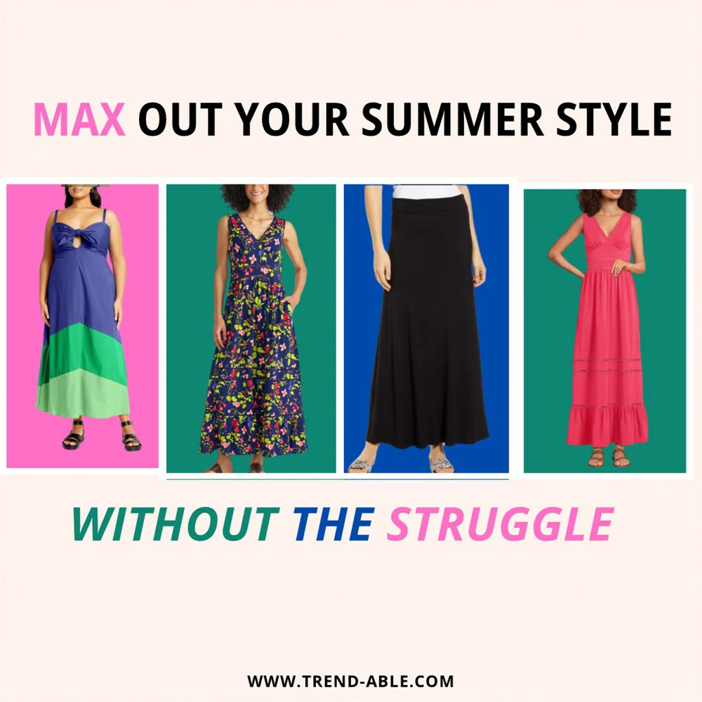Colorful, pull-on maxi dresses styled for women with limited hand dexterity—designed for summer comfort, mobility aids, and effortless wearability.