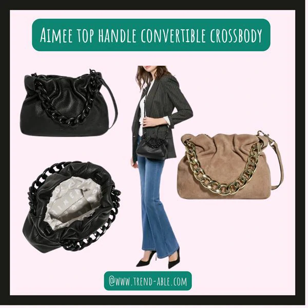 Structured Aimee Kestenberg convertible top-handle bag in taupe leather with crossbody strap — easy-close magnetic flap, hand-friendly design.