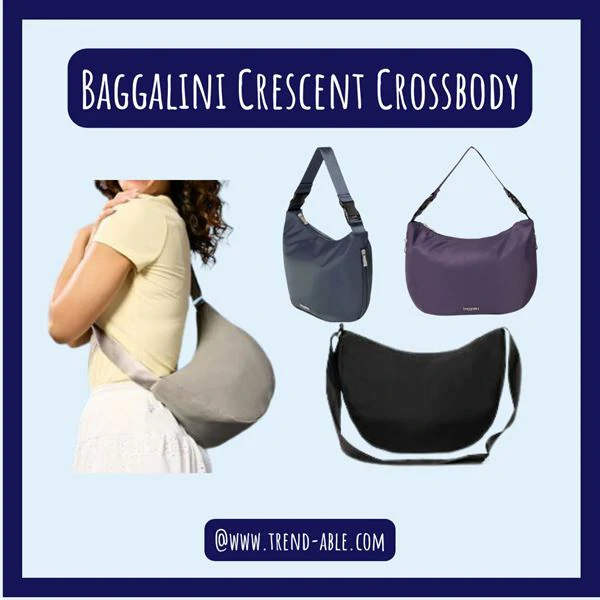 Light gray water-resistant Baggallini Swift Crescent crossbody bag with adjustable strap and easy-grip zippers, perfect for daily wear.