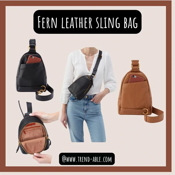 Supple tan leather HOBO Fern sling bag with diagonal zipper and wide strap — stylish, comfortable, and accessible for one-handed use.