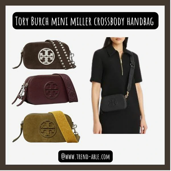 Tory Burch Mini Miller convertible bag in caramel suede with gold logo hardware — chic, compact, and easy to open magnetic flap.